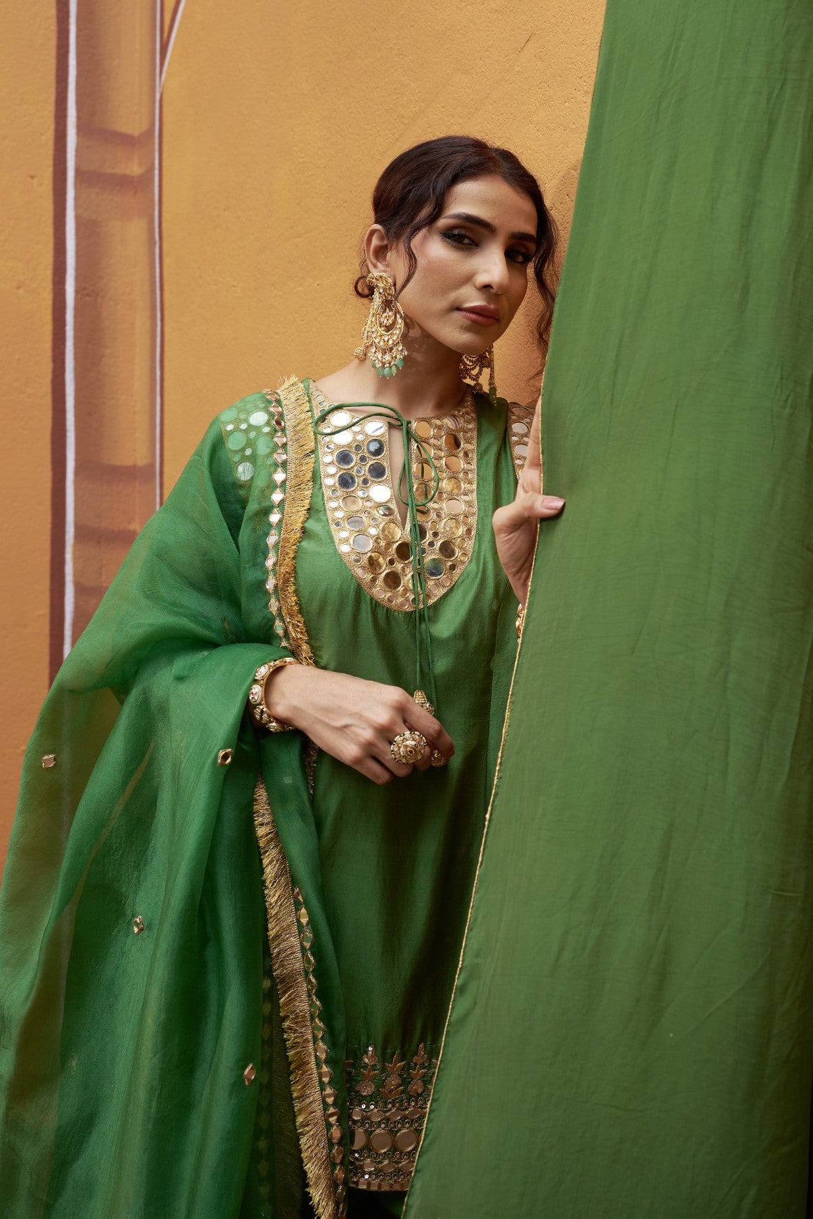 Mirror work hand embroidery green kurta set image 6