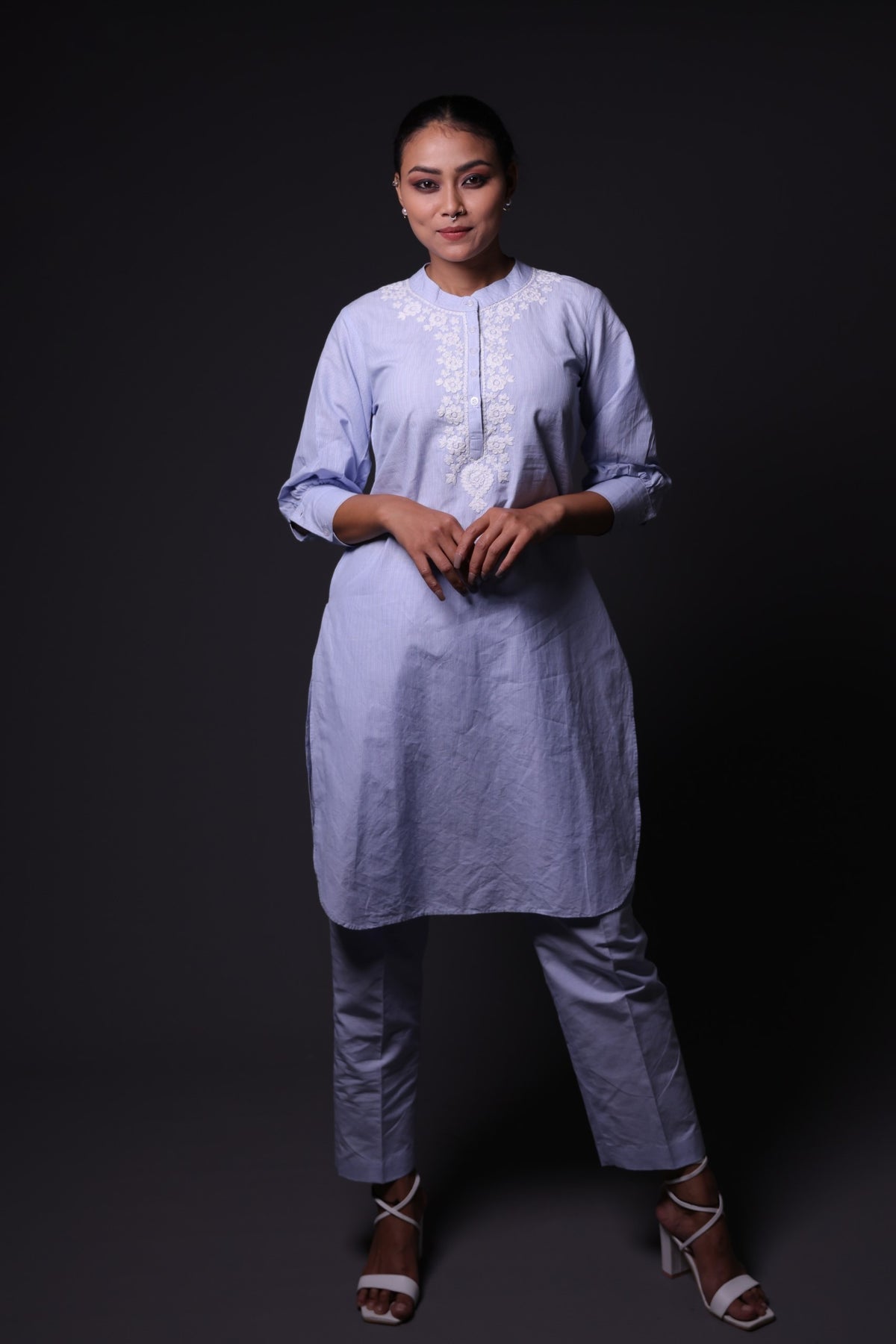 Blue and White Stripes Print Kurta with Palazzo image 0