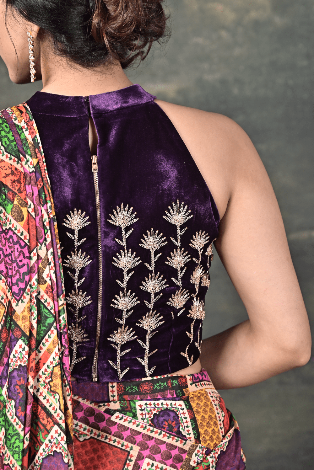 Hand-Embroidered Halter Neck Velvet Blouse with Pure Silk Jharokha Pre-Draped Saree image 5