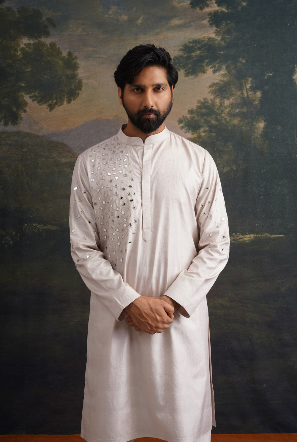 Champagne Hand embroidered  Mirror Work Kurta with Matching Pyjama image 1