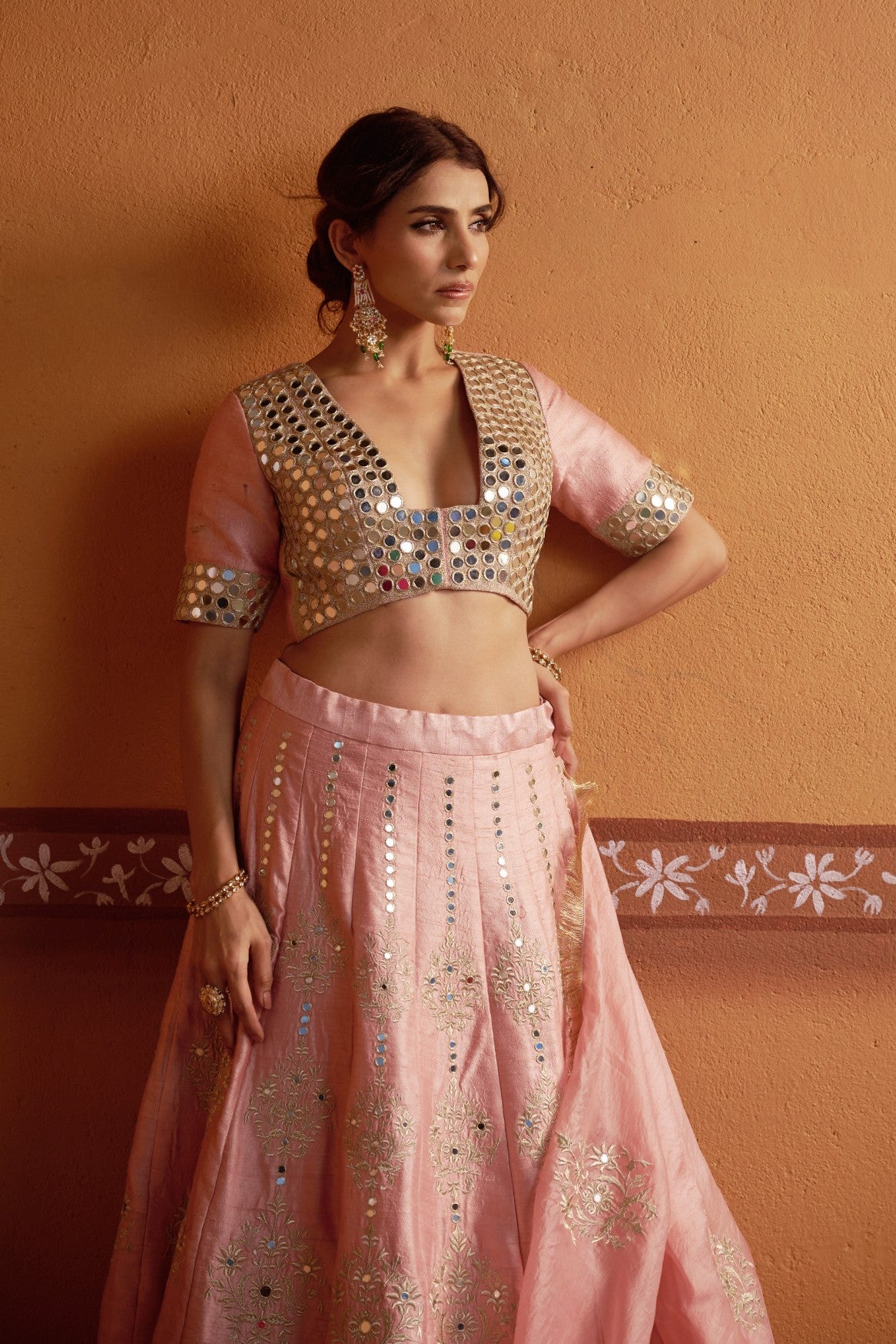 Kalidar blush pink hand embroidered lehenga with blouse and dupatta image 1