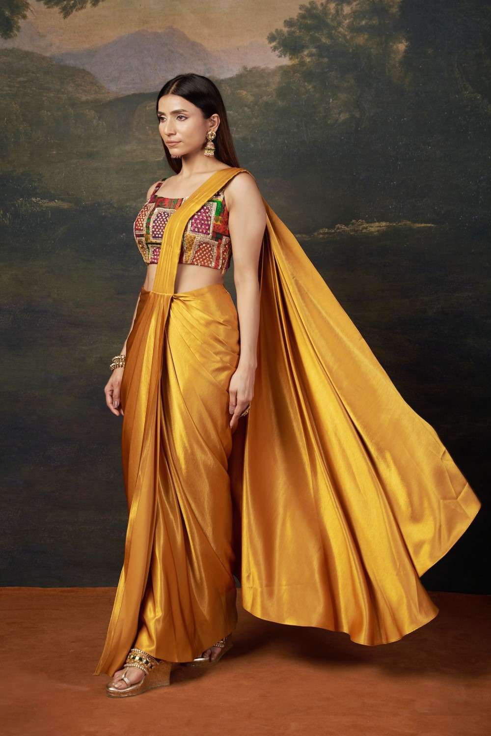 Hand embroidered blouse with pre draped liquid gold saree image 3