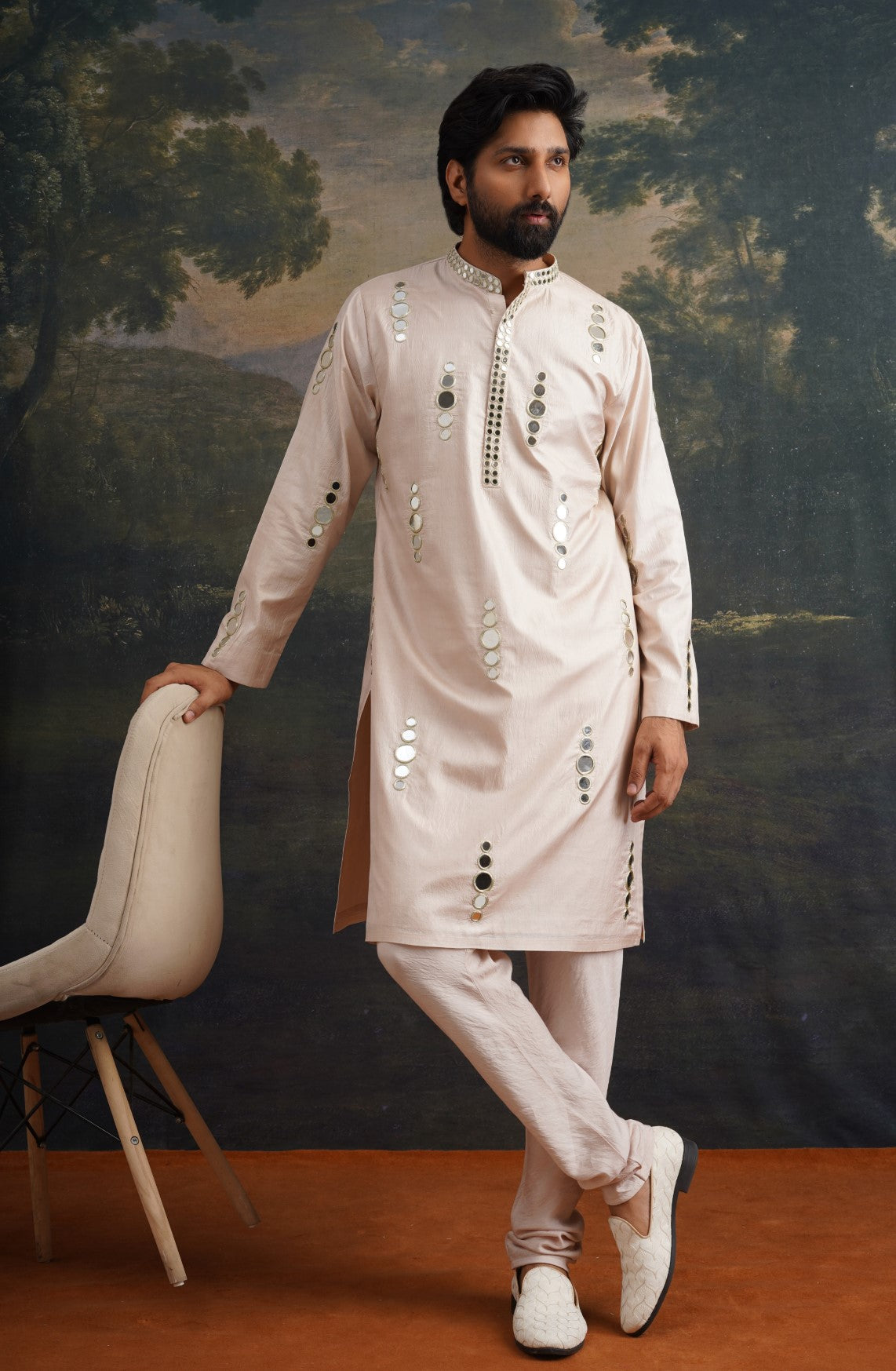 Beige hand embroidered Mirror Work Kurta with Matching Pant image 5