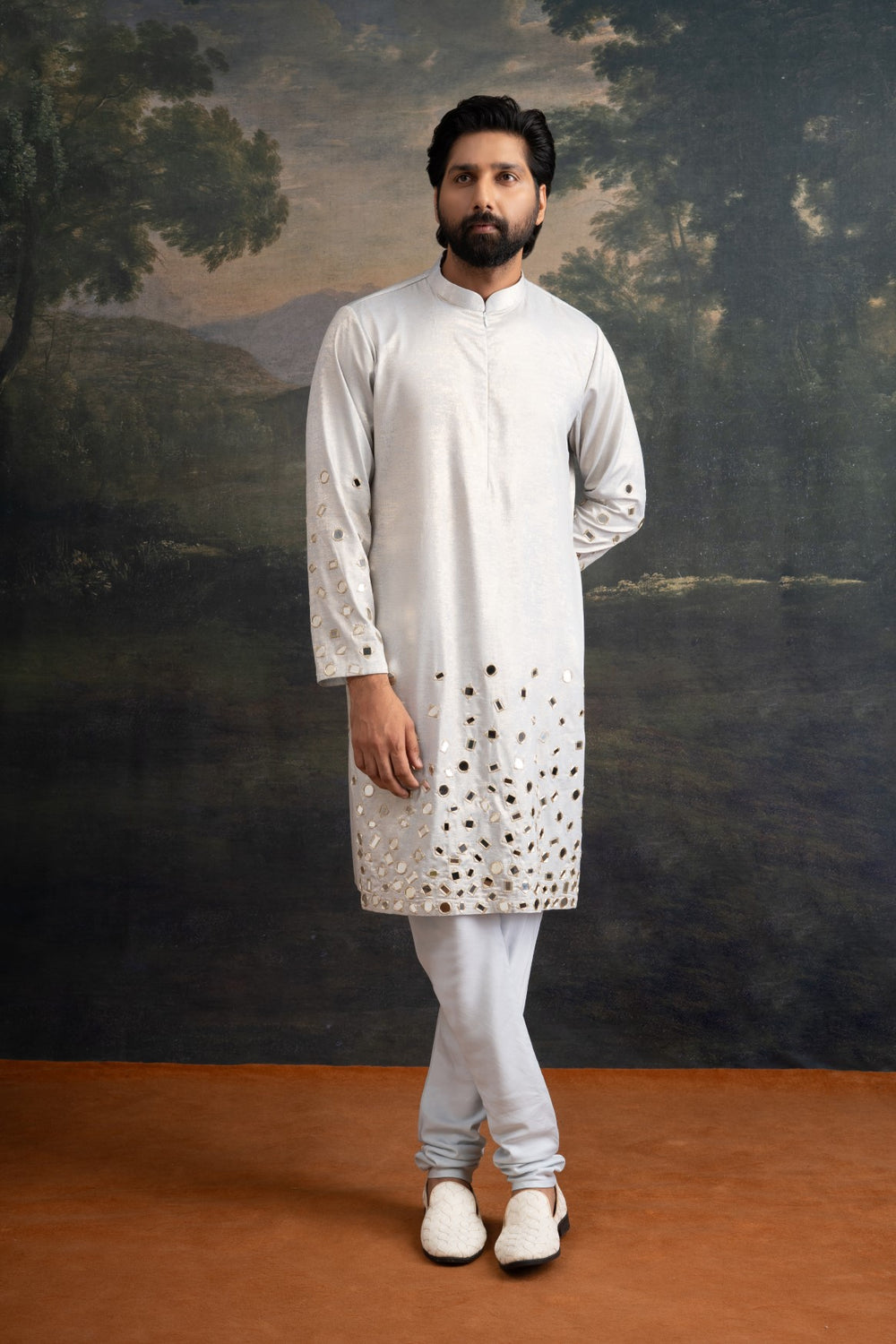 Silver ash Hand-Embroidered Mirror Work Kurta Set image 4