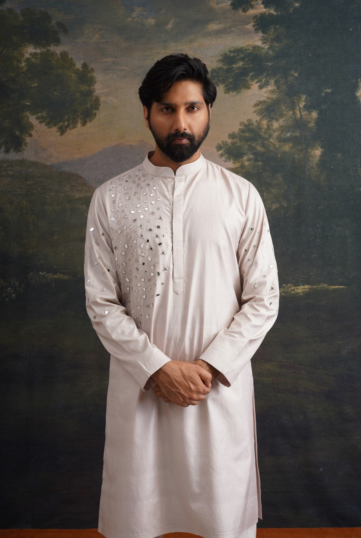 Champagne Hand embroidered  Mirror Work Kurta with Matching Pyjama image 0