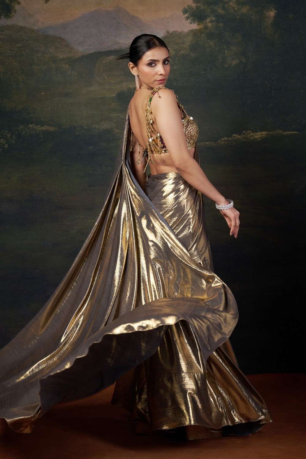 Heavy Hand-Embroidered Blouse with Pre-Draped Gold Saree image 5