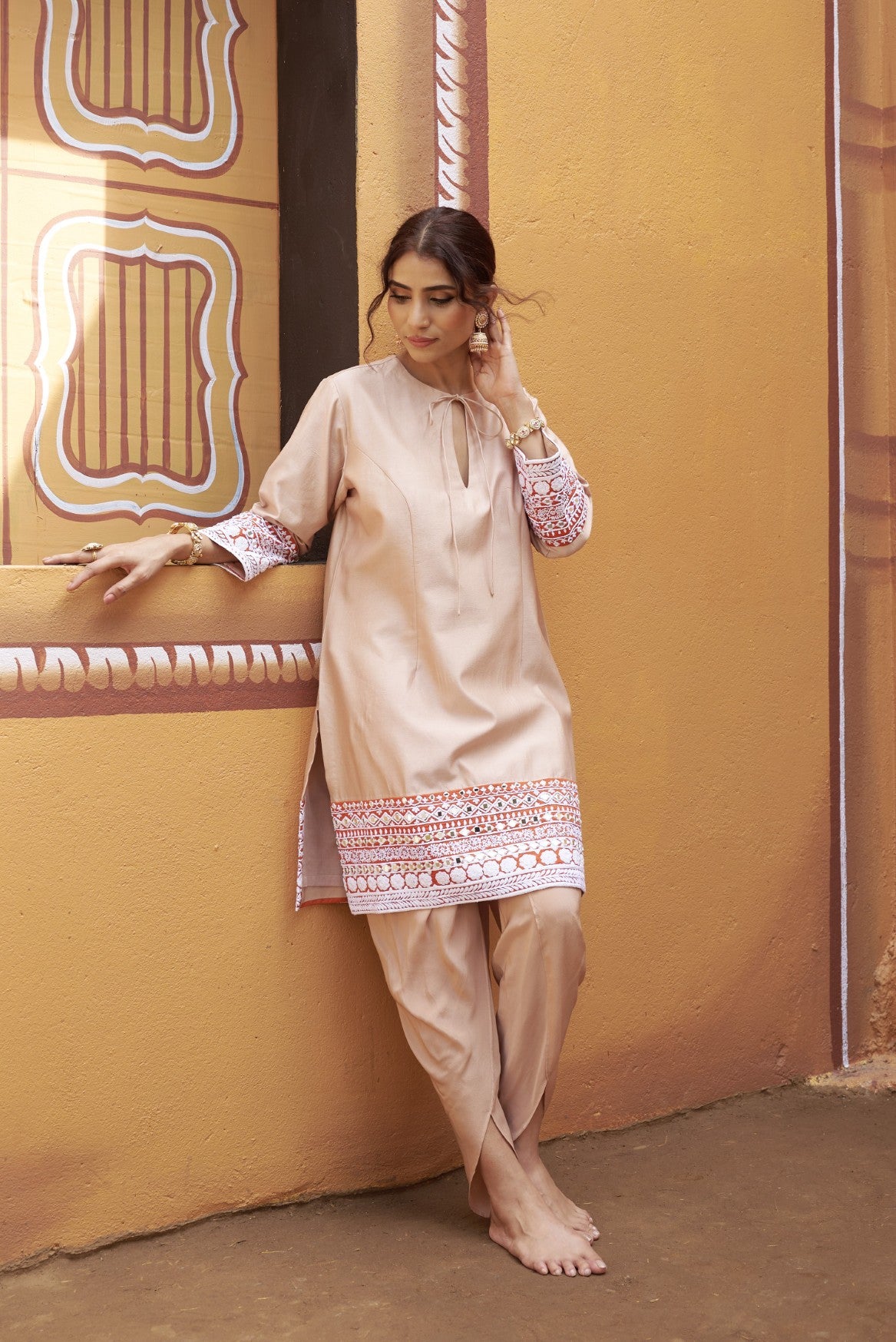 half and half beige kurta with tulip pants image 0