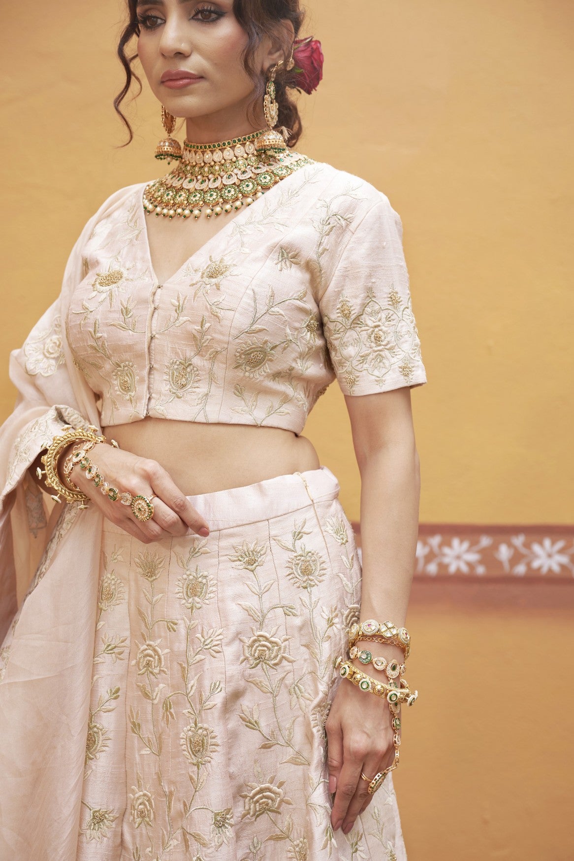 Ivory gold jaal work fully embroidered lehenga with blouse and dupatta image 4