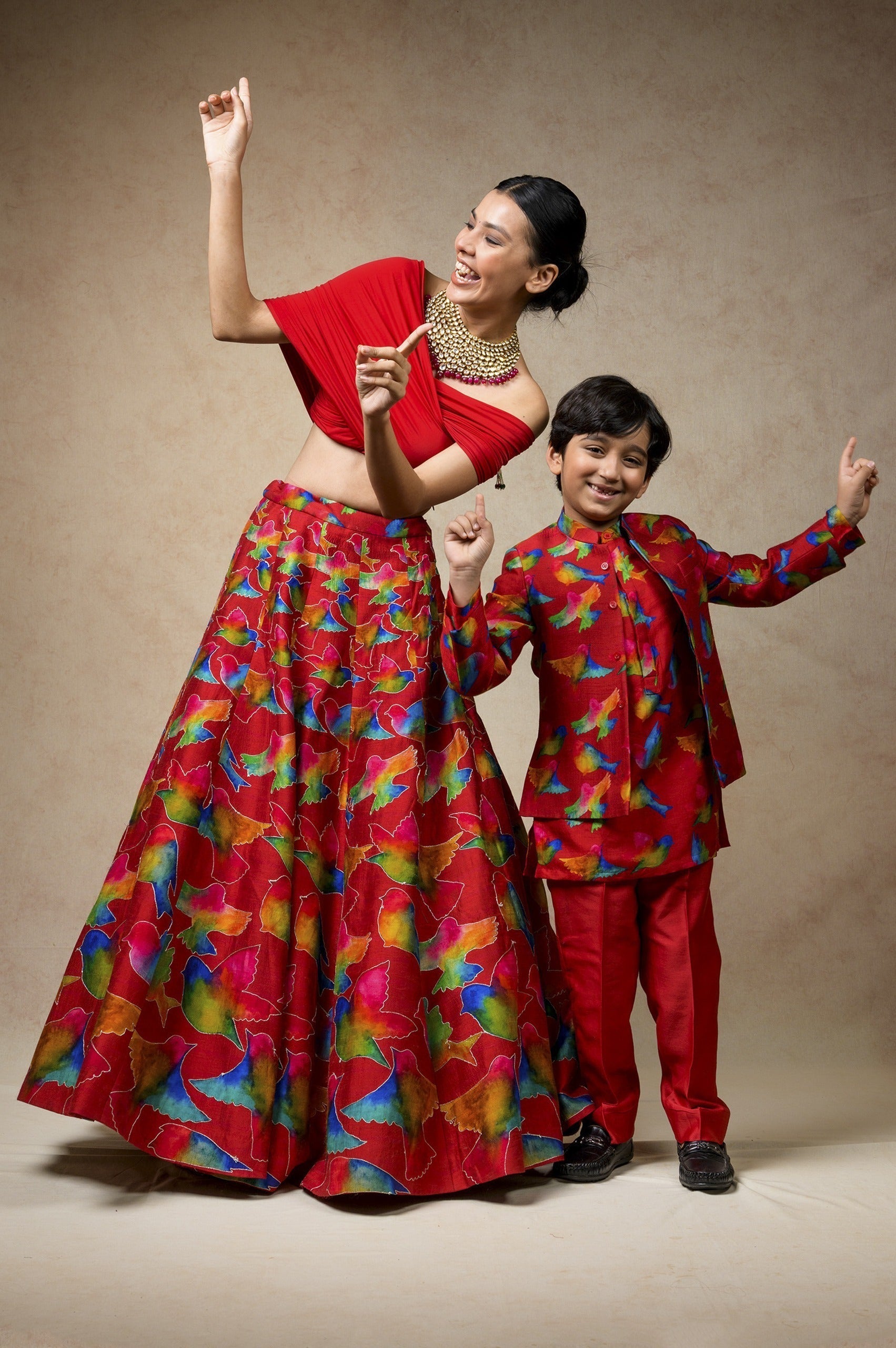 Hand Embroidered birds print twinning set for Mom+ Son image 0