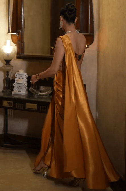 Celebrity Navneet Randhawa in our Hand embroidered blouse with pre draped liquid gold saree image 3