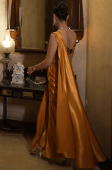 Celebrity Navneet Randhawa in our Hand embroidered blouse with pre draped liquid gold saree image 3