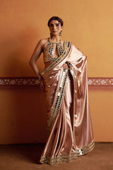 Clay tone fully hand embroidered blouse with mirror work border saree image 0
