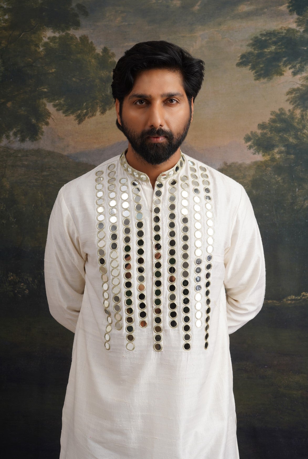 Hand embroidered ivory Mirror Work Kurta with Matching pant image 0
