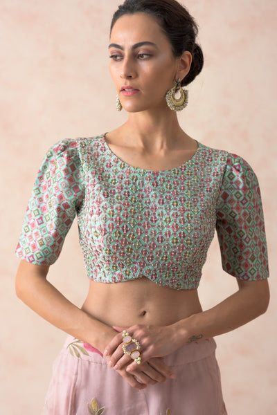 Embroidered blouse with organza lehenga, dupatta image 11