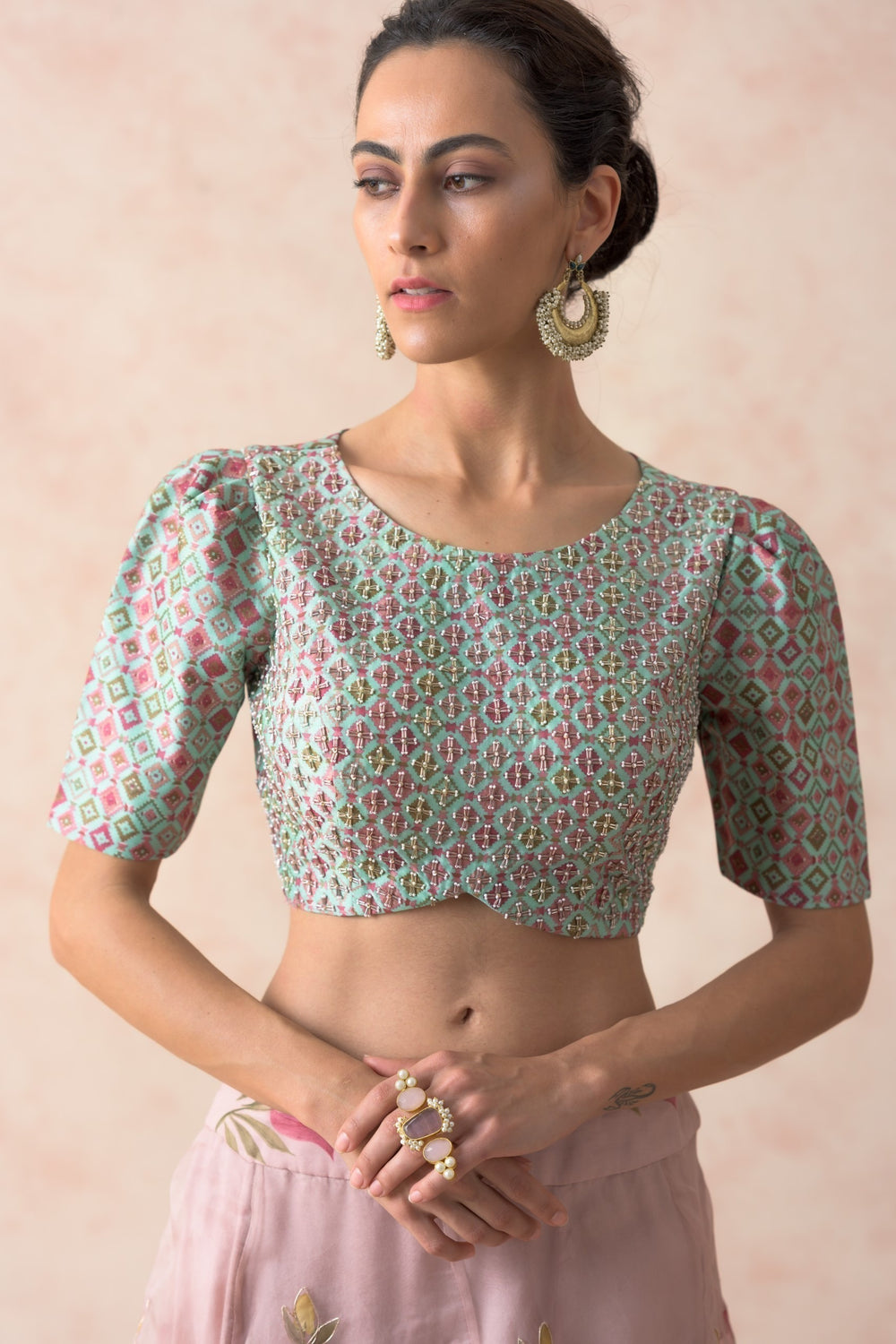 Embroidered blouse with organza lehenga, dupatta image 11