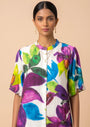 Calista - White & Purple Floral Print Silk Shantoon Midi Dress