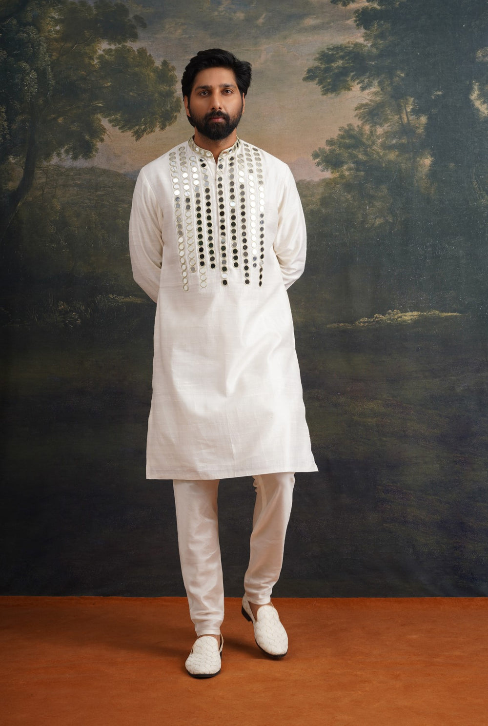 Hand embroidered ivory Mirror Work Kurta with Matching pant image 5