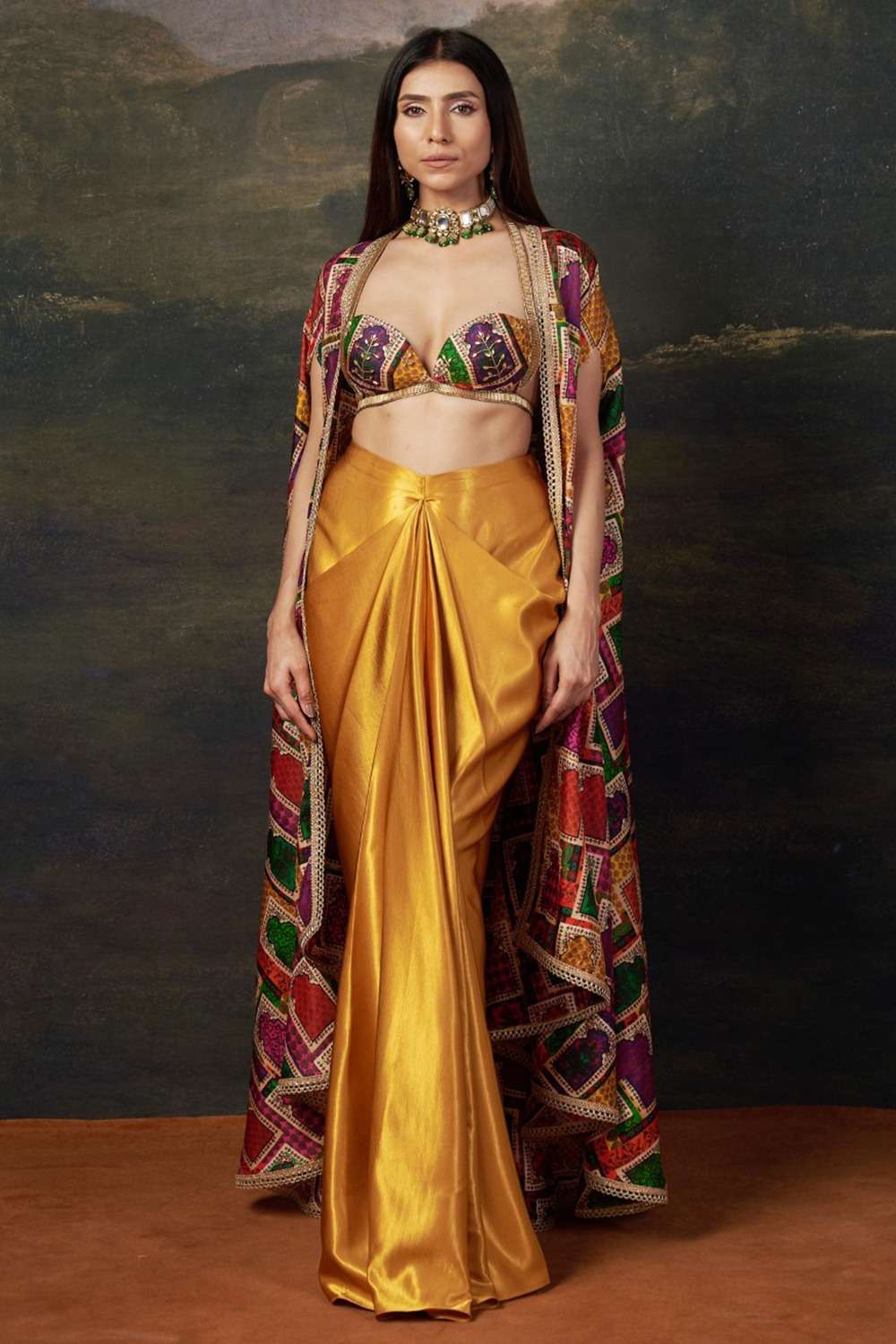 Bold Bralette Blouse with Embellished Handwork, Cape & Dhoti image 1