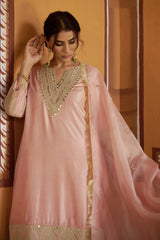 Delicate powder pink jari and mirror work kurta set image 3