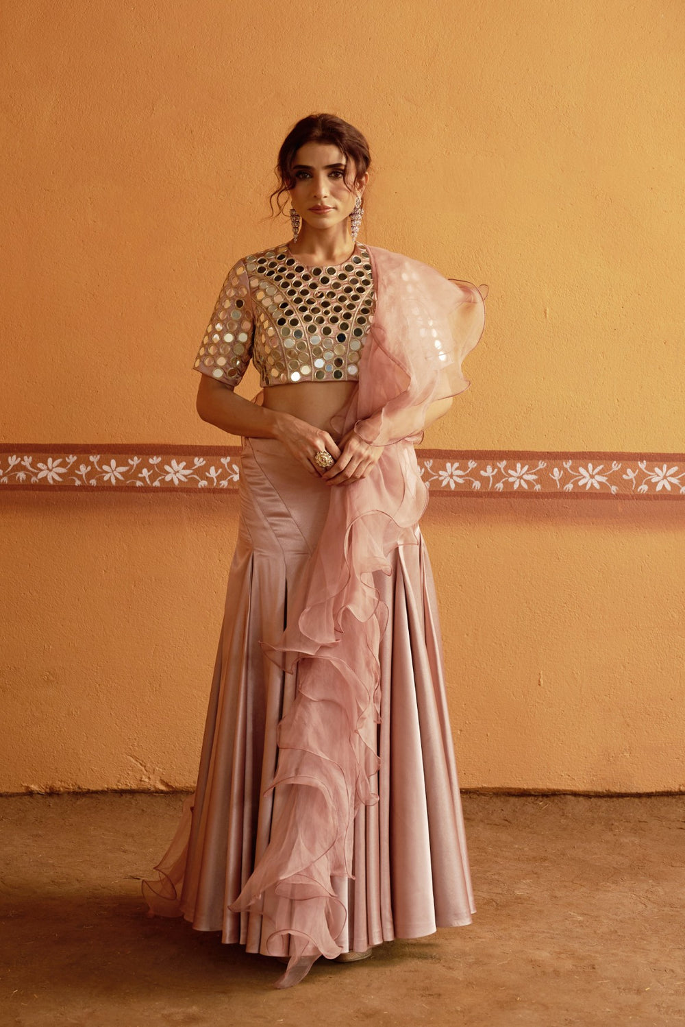 Hand-Embroidered Mirror Work Blouse with Blush Pink Kalidar Lehenga & Ruffle Dupatta image 7