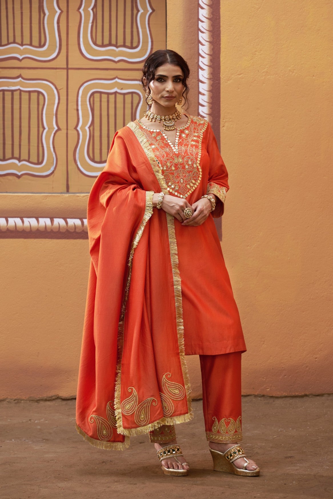 Hand embroidered katdana work kurta set with dupatta image 0
