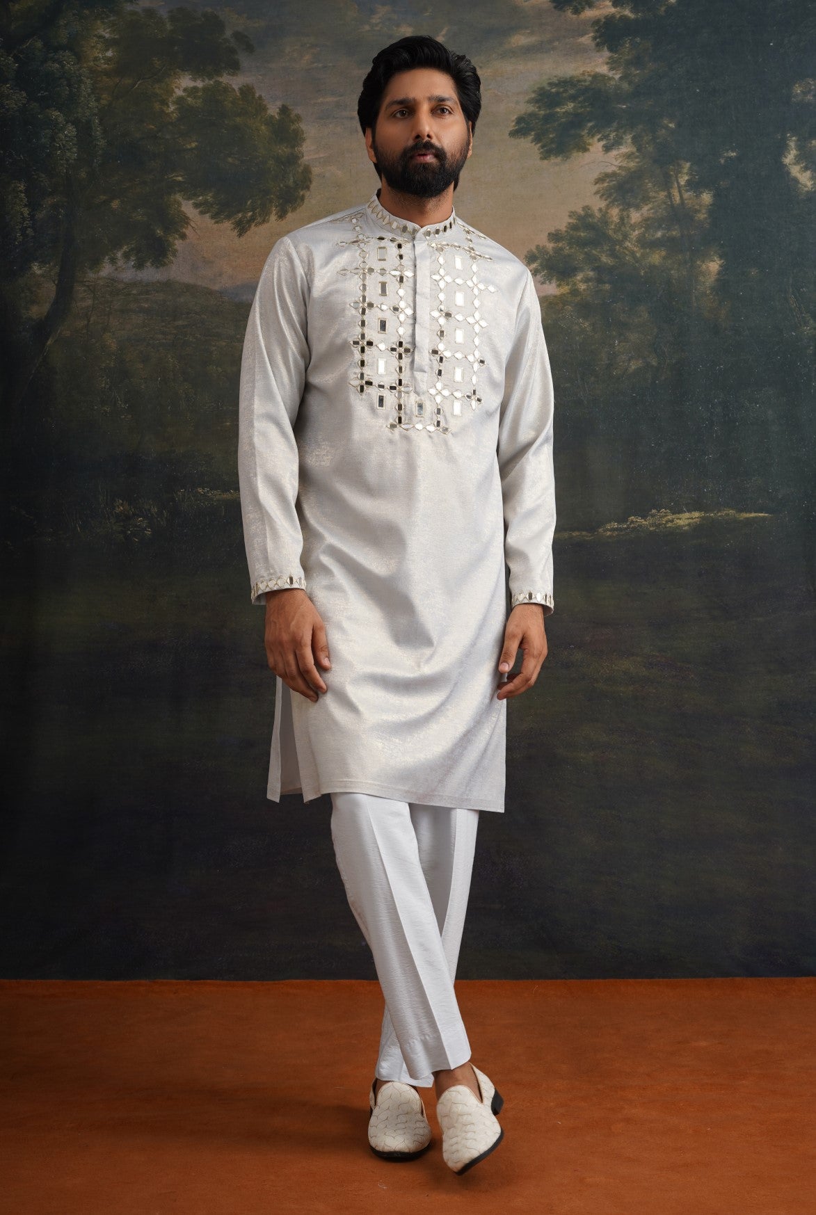 Ice grey gold hand emroidered kurta set image 4