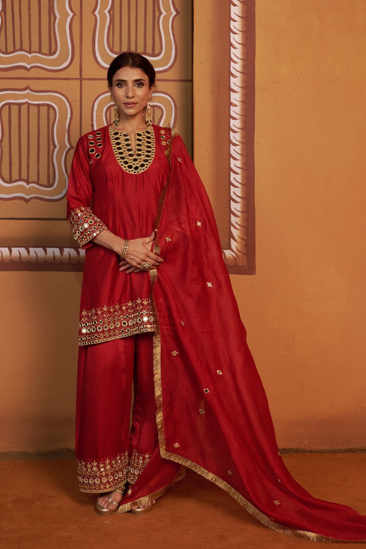 Mirror work hand embroidery red kurta set image 5
