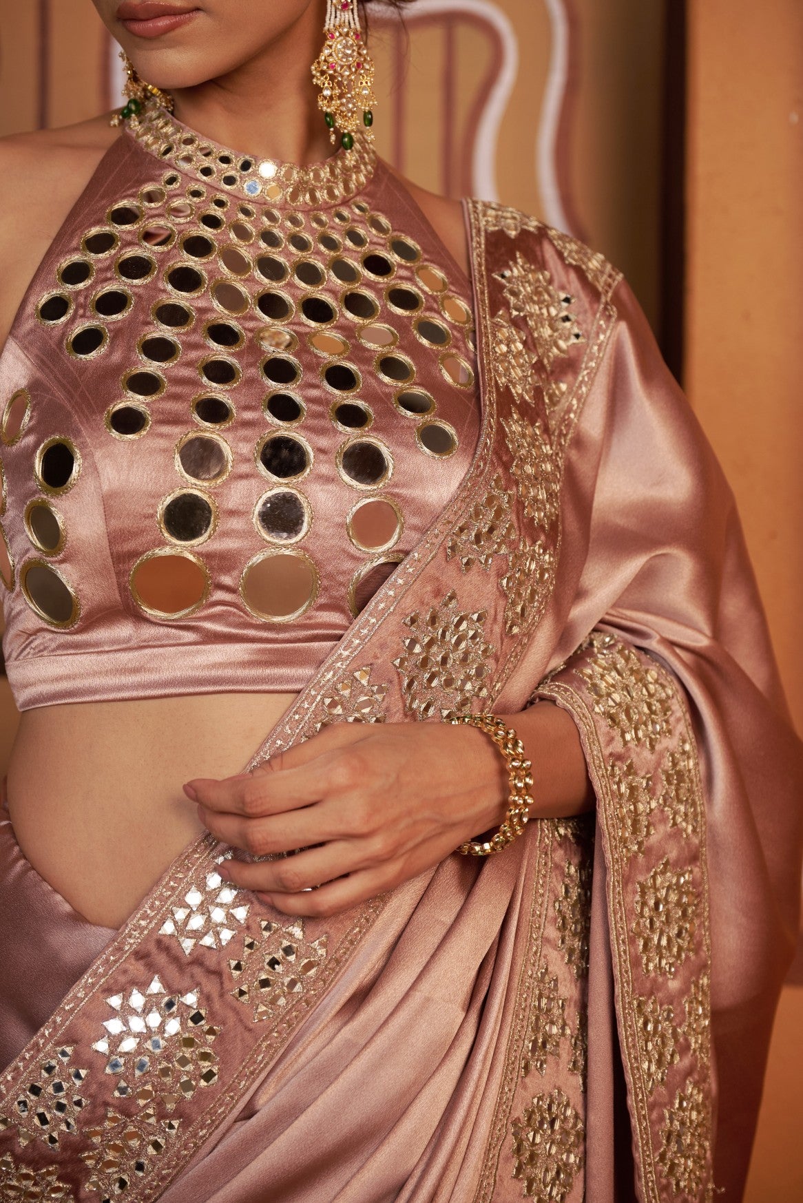 Sun ray hand embroidered blouse with mirror work border saree image 3