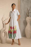 Cerise - White Hand-Embroidered Cotton Poplin Shirt Dress