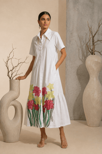Cerise - White Hand-Embroidered Cotton Poplin Shirt Dress