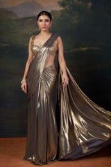Heavy Hand-Embroidered Blouse with Pre-Draped Gold Saree image 1