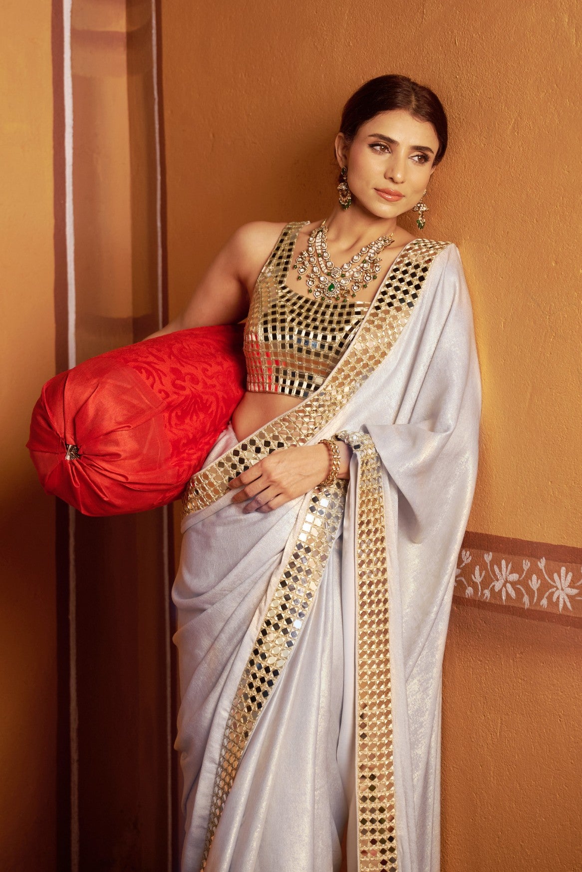 Hand embroidered mirror blouse with saree image 3