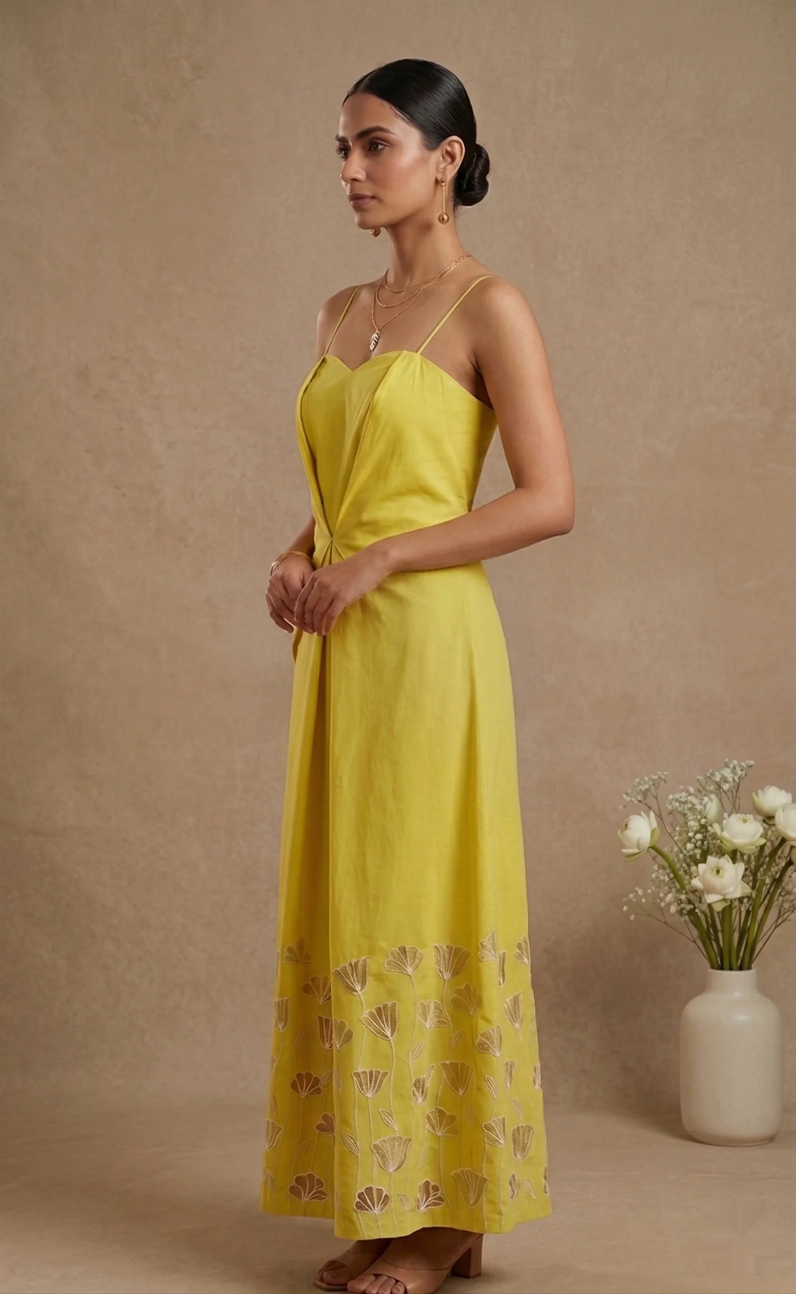 Stella - Yellow Hand-Embroidered Cotton Poplin Dress
