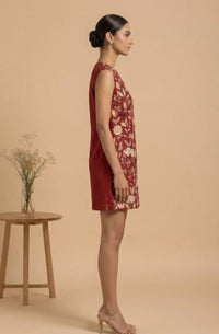Liora - Red Hand-Embroidered Floral Chanderi Cotton Mini Dress