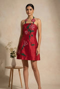 Rosa - Red Hand-Embroidered Floral Chanderi Cotton Mini Dress