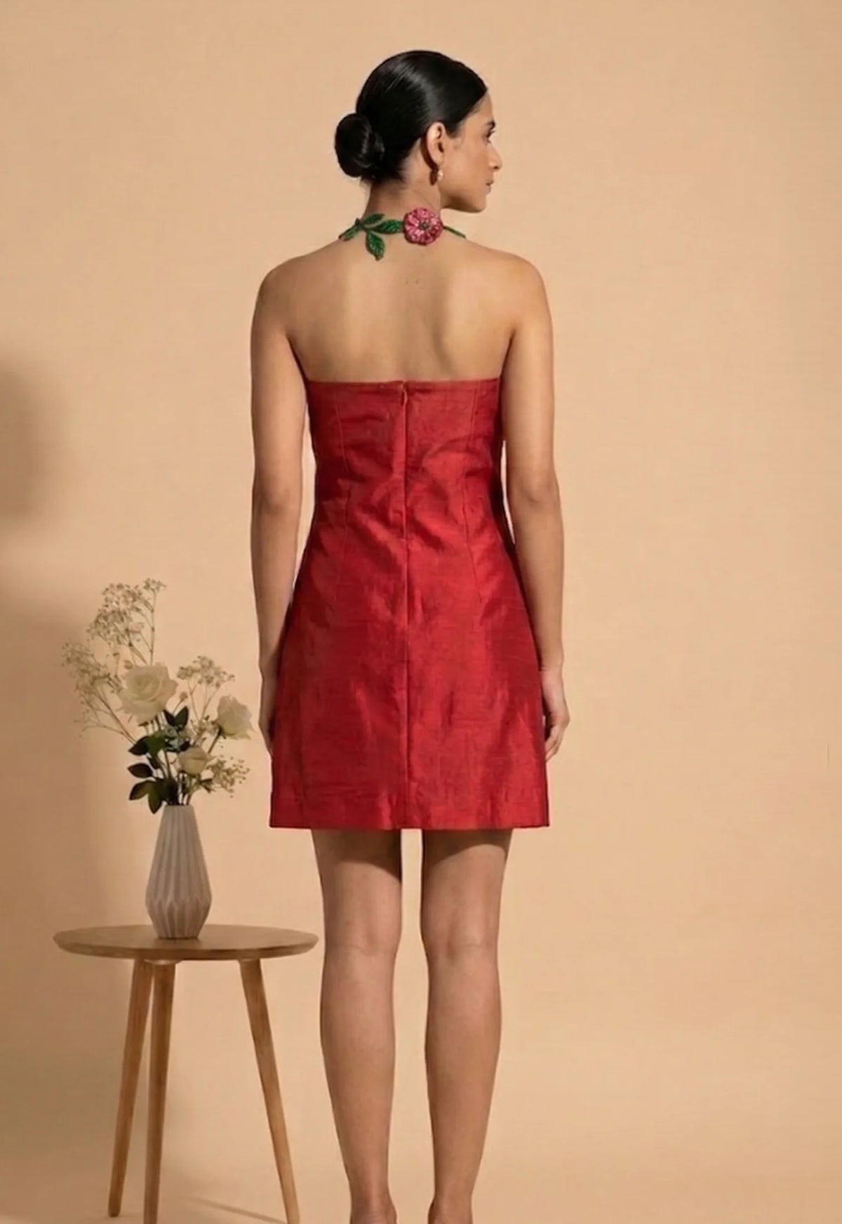 Rosa - Red Hand-Embroidered Floral Chanderi Cotton Mini Dress