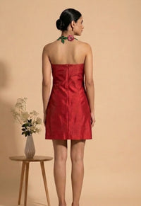 Rosa - Red Hand-Embroidered Floral Chanderi Cotton Mini Dress
