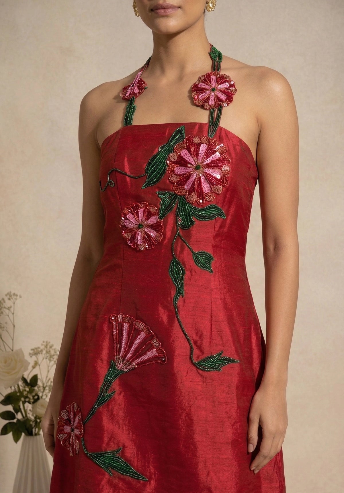 Rosa - Red Hand-Embroidered Floral Chanderi Cotton Mini Dress
