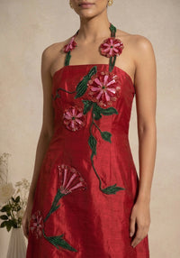 Rosa - Red Hand-Embroidered Floral Chanderi Cotton Mini Dress