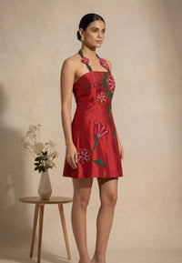 Rosa - Red Hand-Embroidered Floral Chanderi Cotton Mini Dress