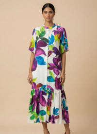 Calista - White & Purple Floral Print Silk Shantoon Midi Dress