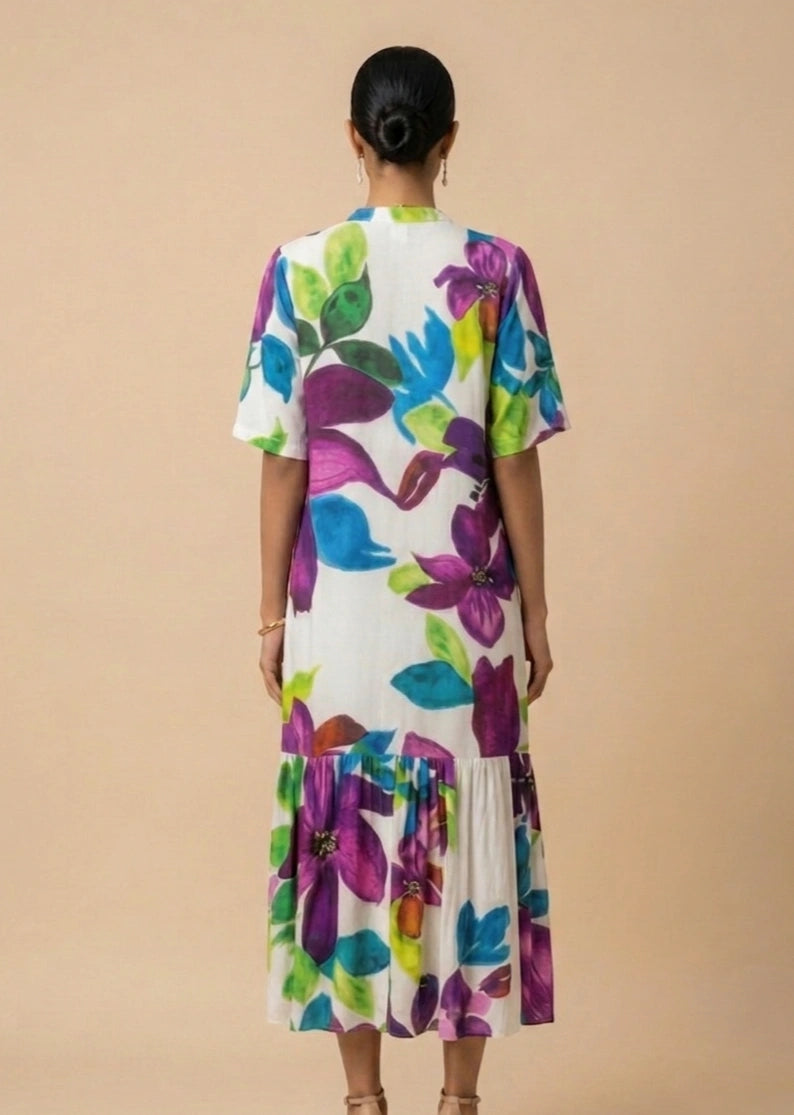 Calista - White & Purple Floral Print Silk Shantoon Midi Dress