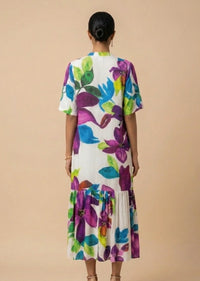 Calista - White & Purple Floral Print Silk Shantoon Midi Dress