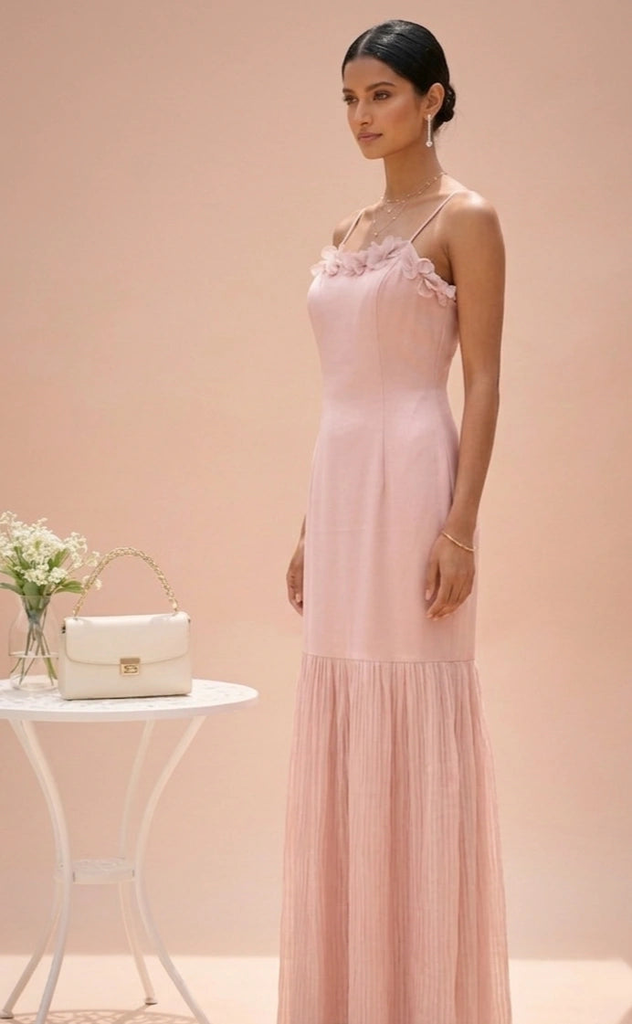 Aria - Blush Pink Hand-Embroidered Satin & Crushed Organza Dress