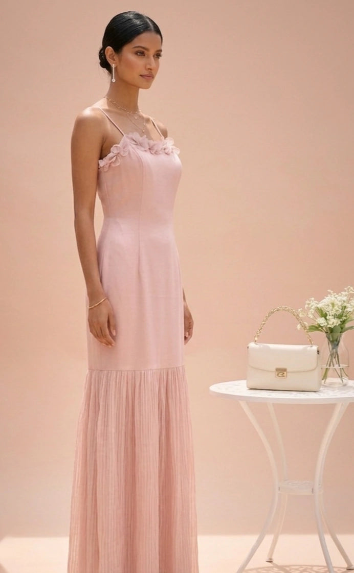 Aria - Blush Pink Hand-Embroidered Satin & Crushed Organza Dress