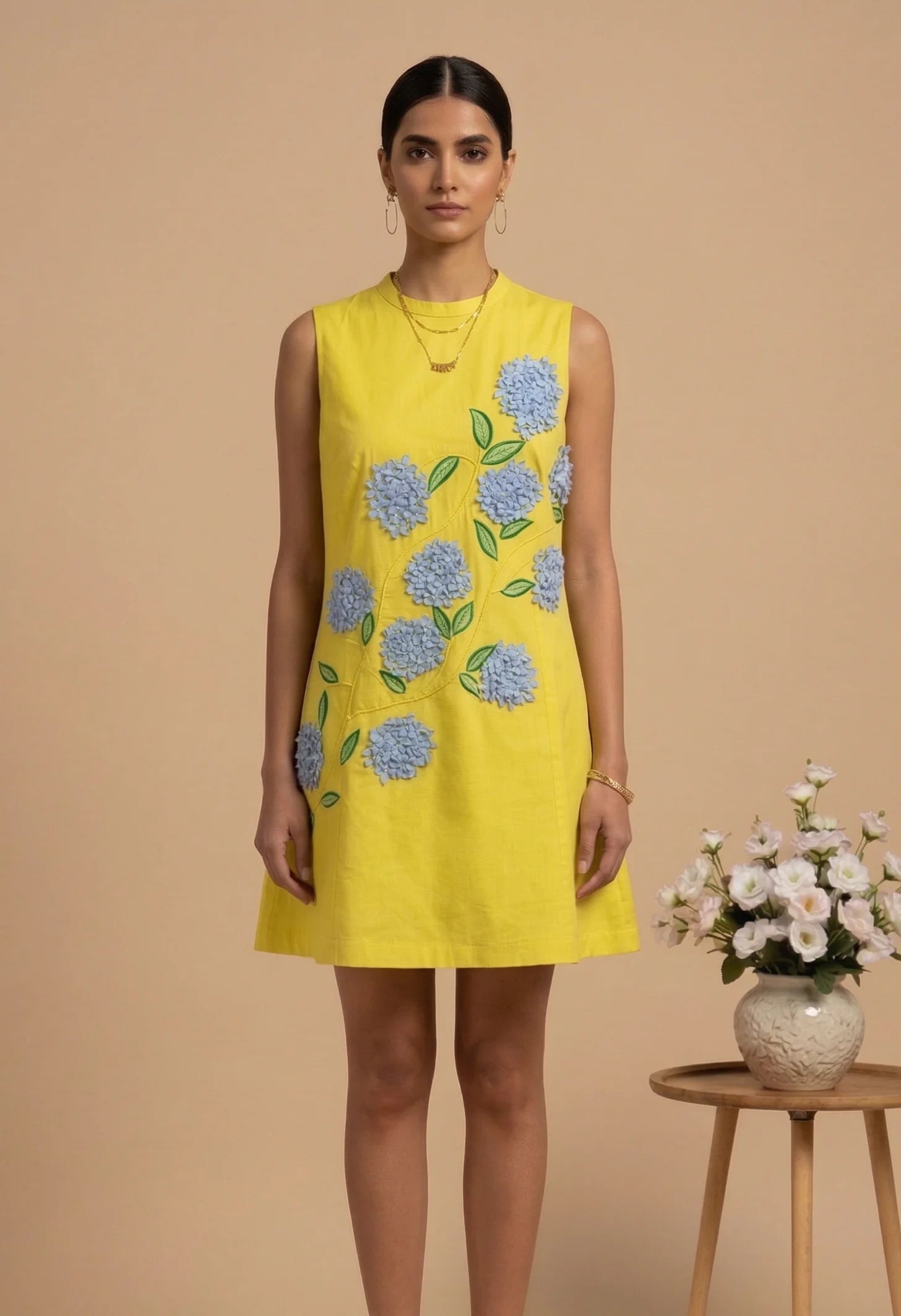 Lumina - Yellow Hand-Embroidered Floral Cotton Poplin Dress
