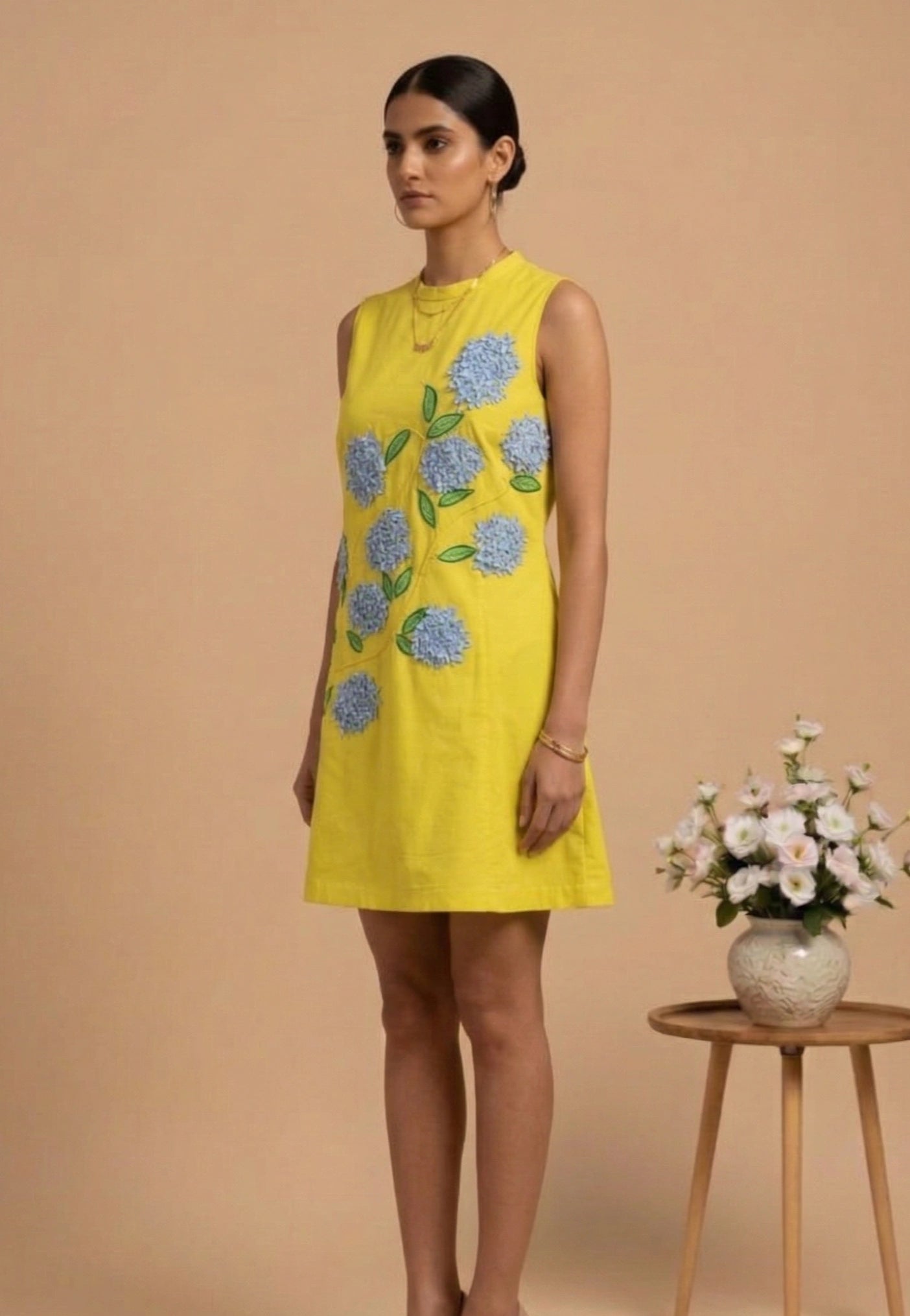 Lumina - Yellow Hand-Embroidered Floral Cotton Poplin Dress