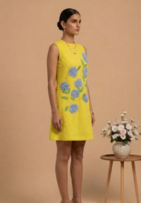 Lumina - Yellow Hand-Embroidered Floral Cotton Poplin Dress