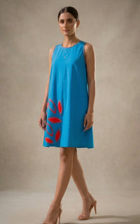Amara -Teal Blue Hand-Embellished Floral Appliqué Cotton Poplin Dress