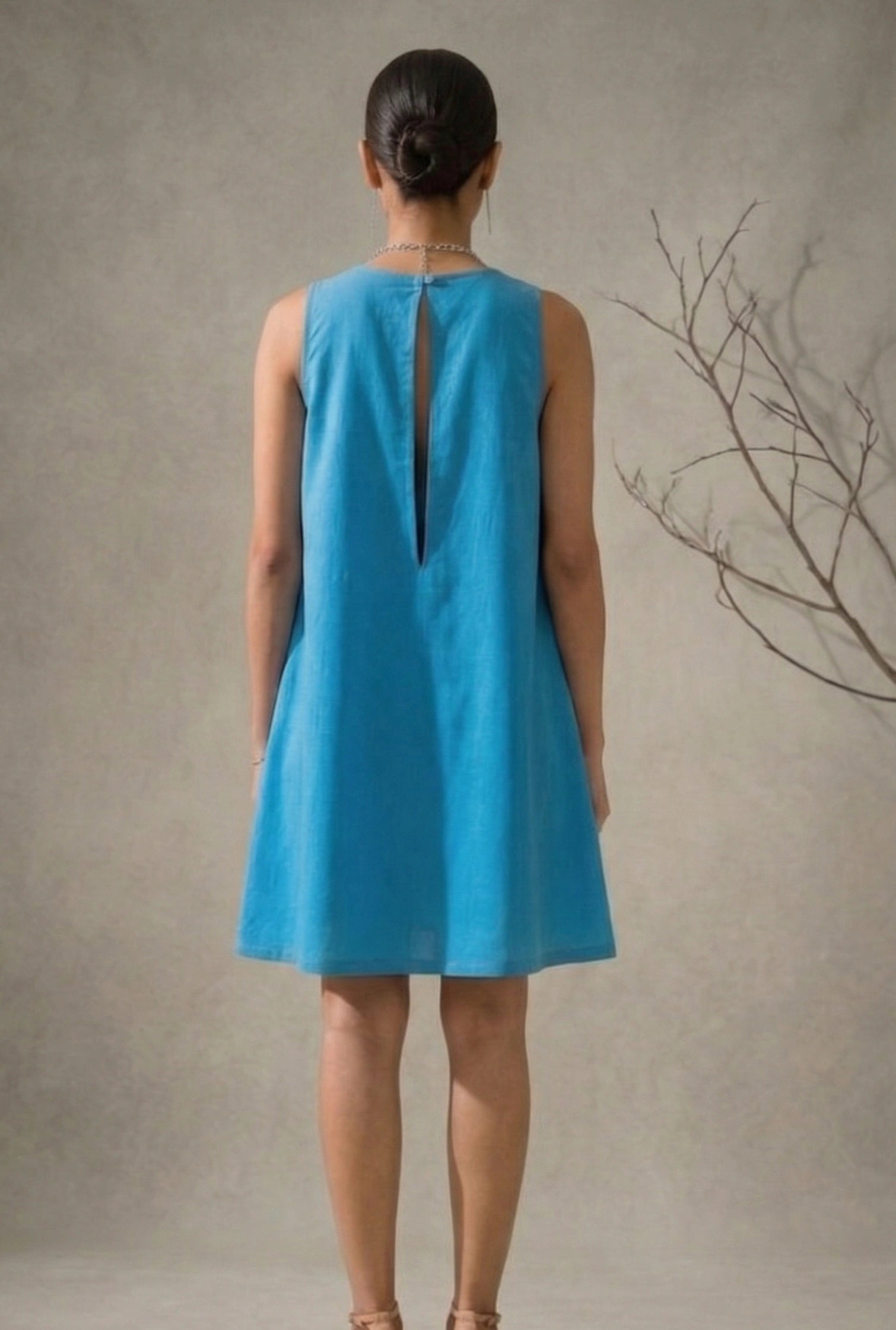 Amara -Teal Blue Hand-Embellished Floral Appliqué Cotton Poplin Dress